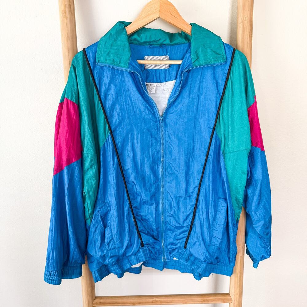 Vintage Crossroads Colorblock Windbreaker Jacket Blue Pink Teal Women’s Size M